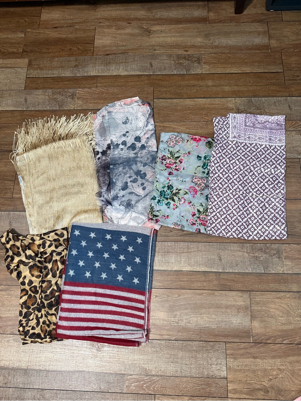 Assorted Women's Scarves - Floral, Leopard, American Flag, Neutral Fringe